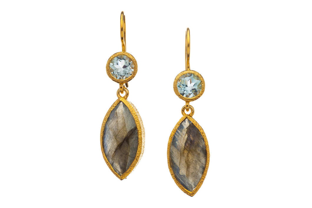 Blue Topaz and Labradorite Drop Earrings in 24kt gold vermeil E205-BT-L