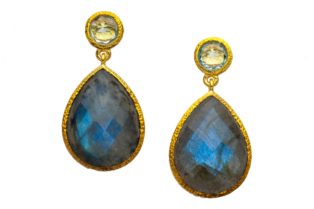 Blue Topaz and Labradorite Post Earrings in 24kt gold vermeil E238-BT-L