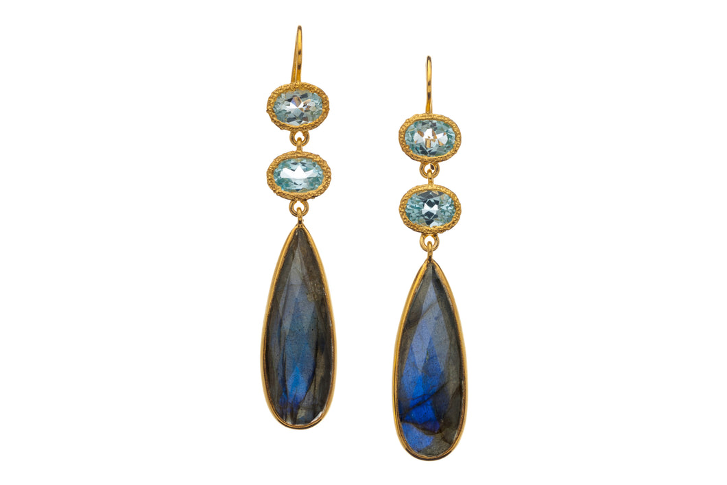 Blue Topaz and Labradorite Long Drop Earrings in 24kt gold vermeil E320-BT