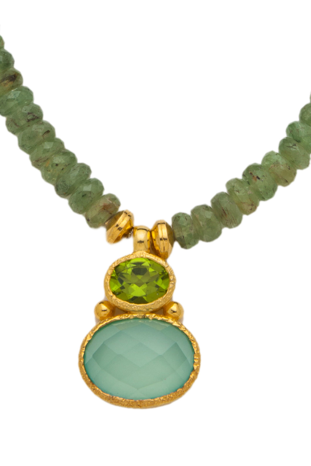 Green Kyanite Necklace with a Peridot and Chalcedony Pendant in 24kt gold vermeil NF003-GK