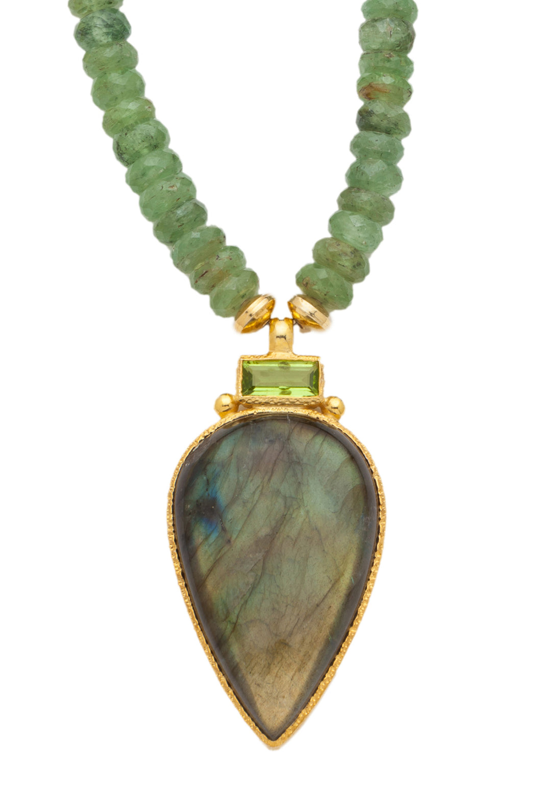 ONE OF A KIND Green Kyanite Necklace with Peridot and Labradorite Pendant set in 24kt gold vermeil  NF301-GKPL