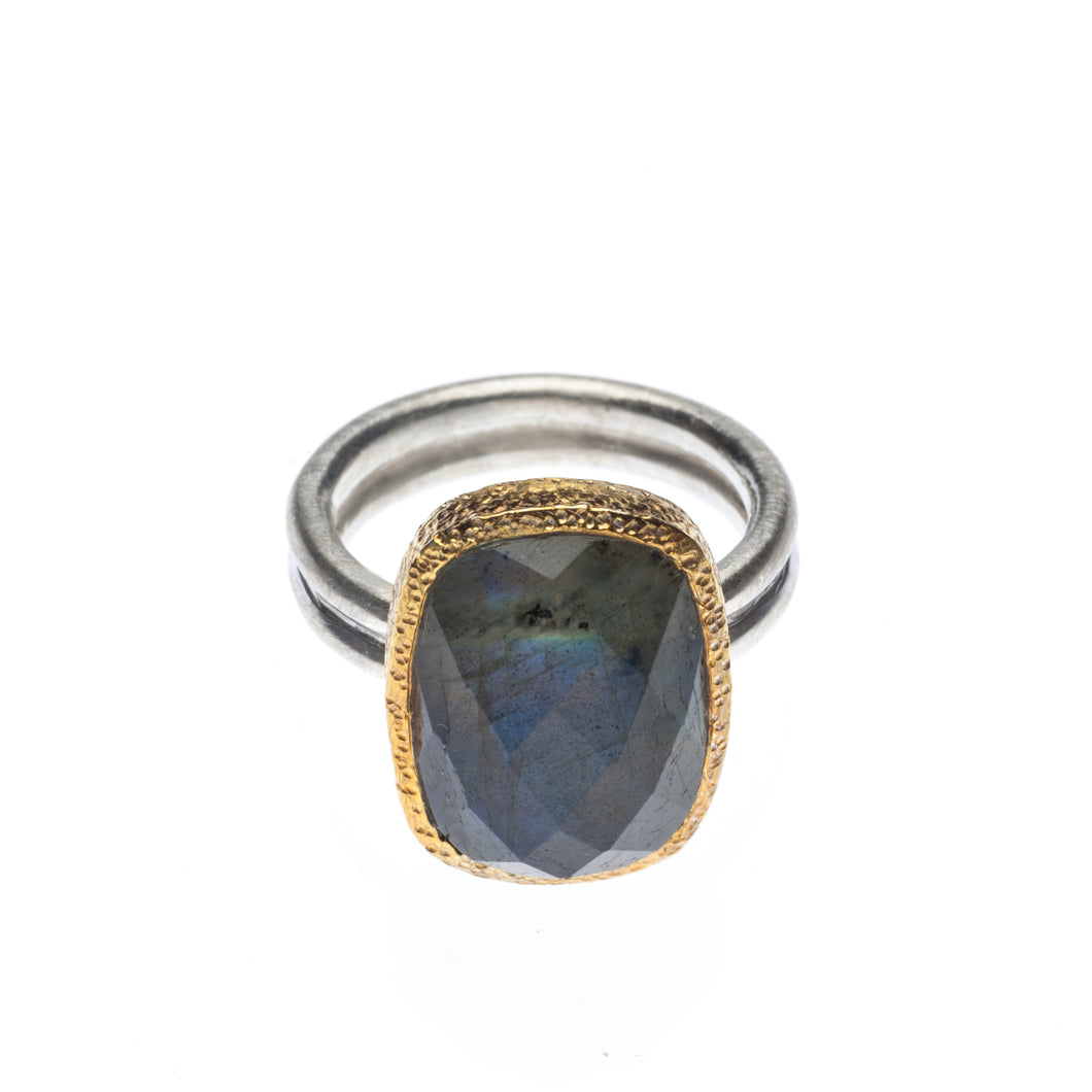 Oval Labradorite Ring set in hammered 24kt gold vermeil, with a sterling silver ring R406-L