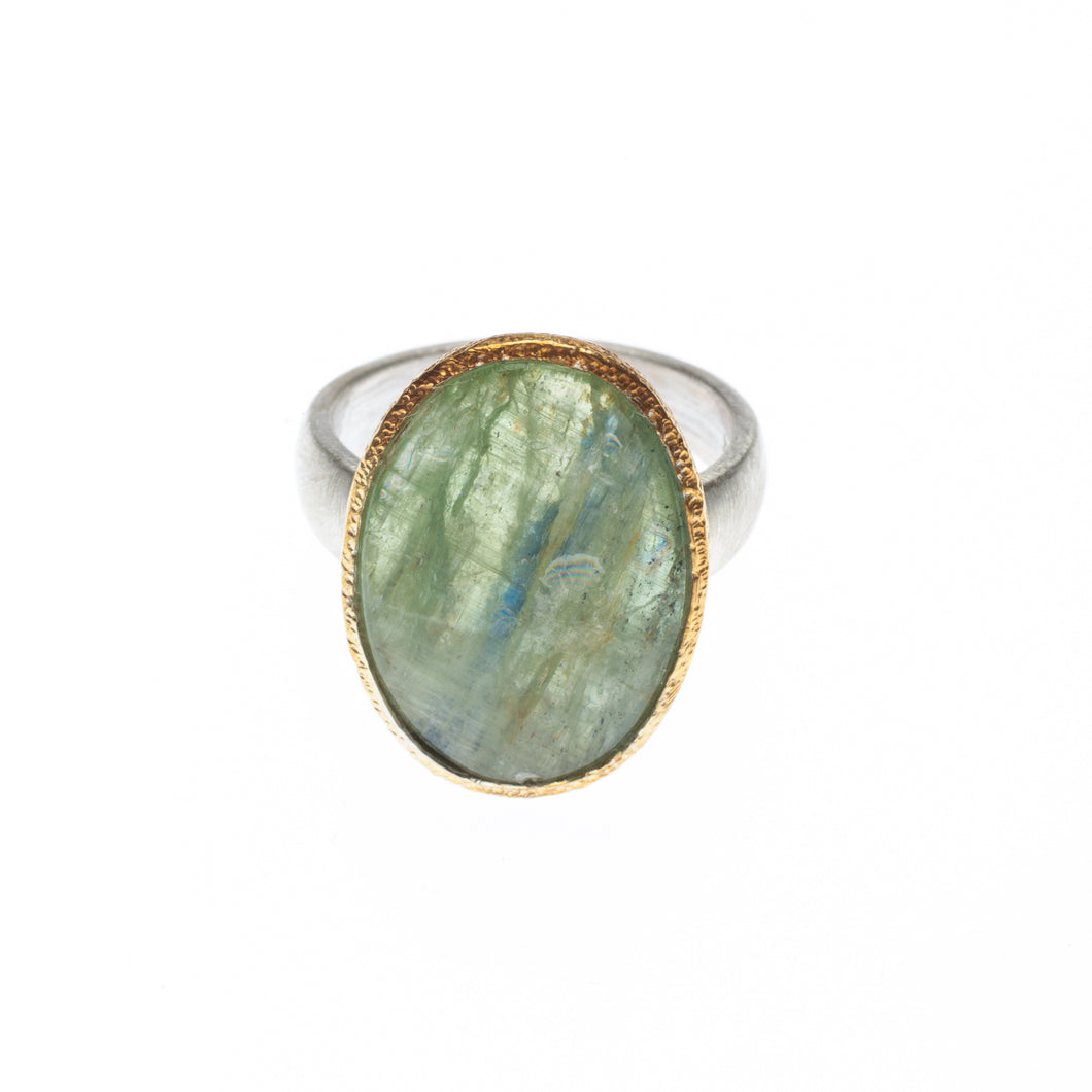 One of a kind Green Kyanite Ring set in 24kt gold vermeil with a sterling silver ring - R414-GK