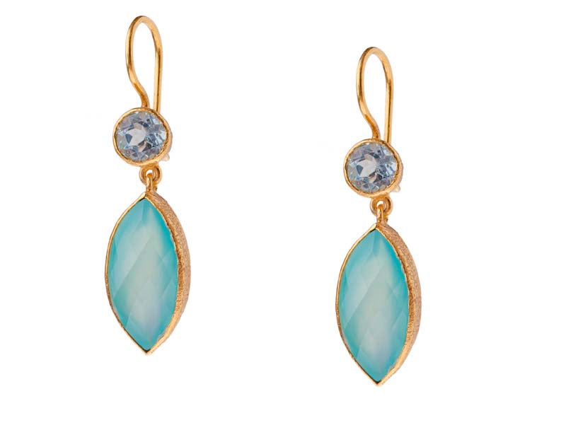 Blue Topaz and Marquise Chalcedony Drop Earrings in 24kt gold vermeil E205-BT-C