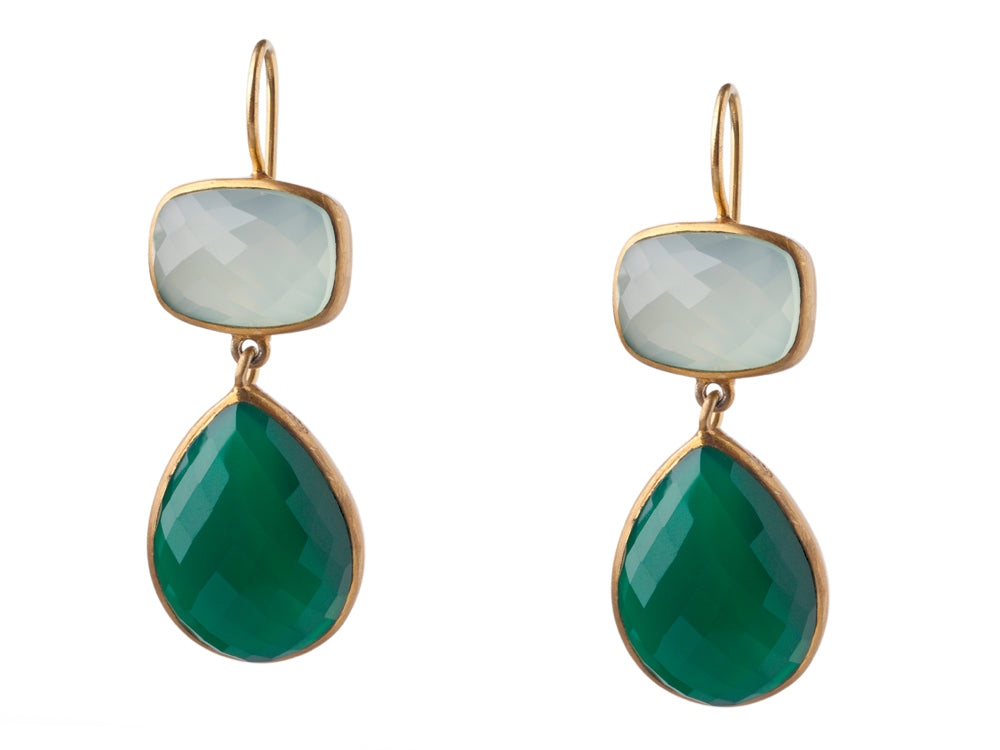 Chalcedony and Green Onyx Drop Earrings in 24kt gold vermeil E208-C-GO