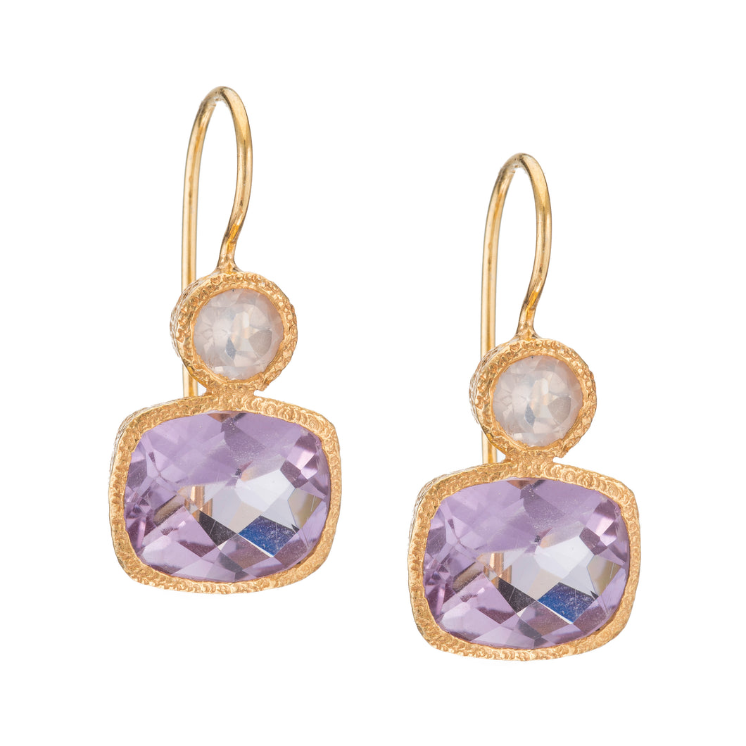 Rose Quartz and Rose Amethyst Drop Earrings in 24kt gold vermeil