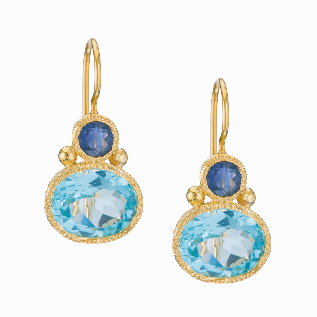 Iolite and Blue Topaz Drop Earrings in 24kt gold vermeil E257