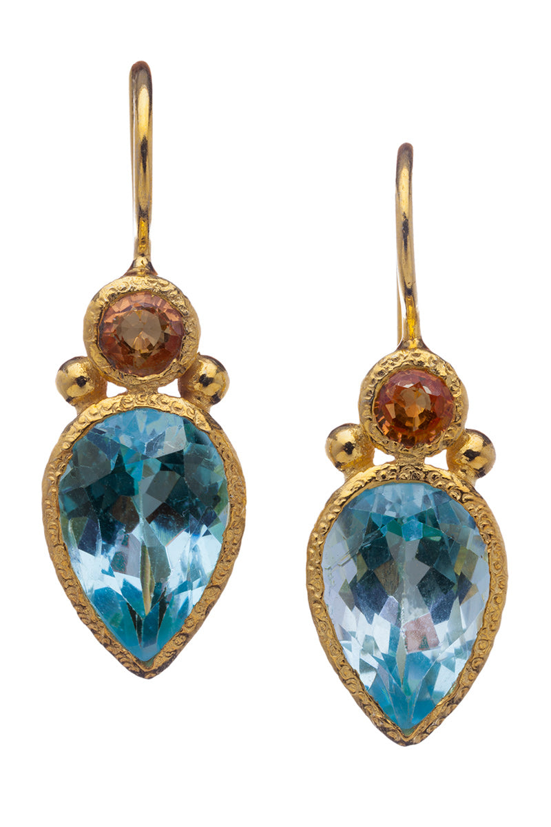 Orange Sapphire and Blue Topaz Drop Earrings in 24kt gold vermeil E260-OSBT