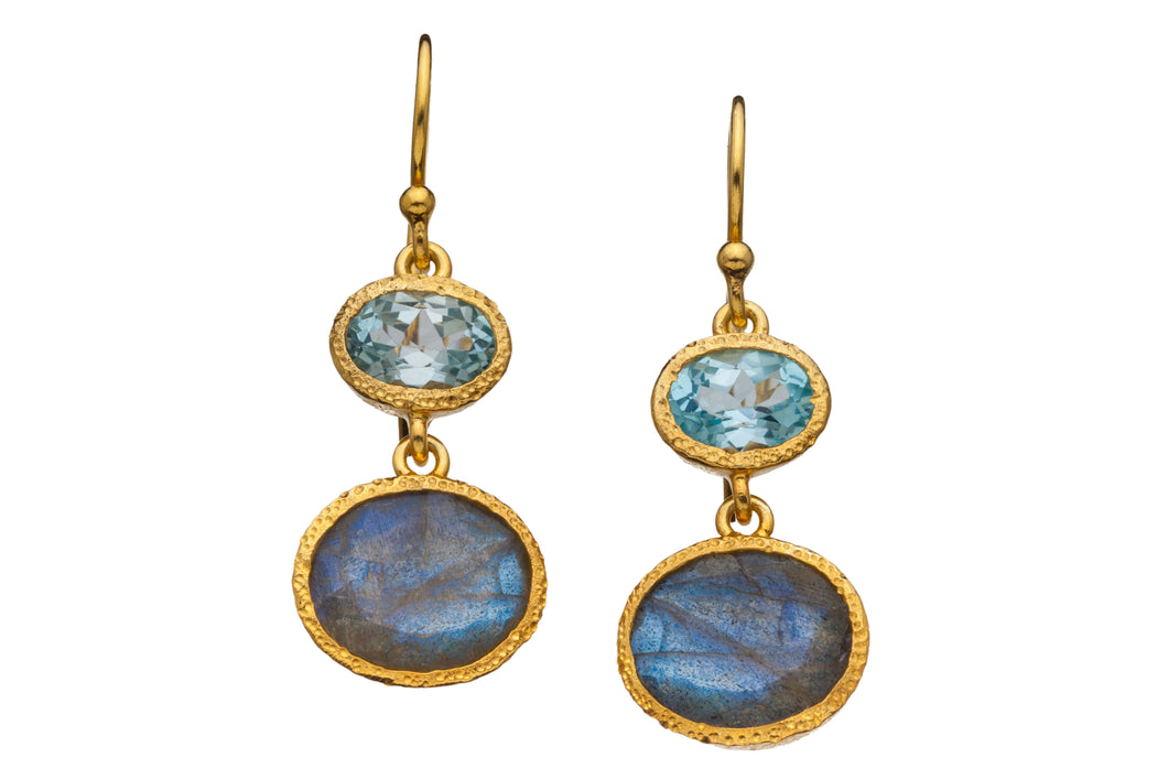 Blue Topaz and Labradorite Oval Drop Earrings in 24kt gold vermeil E266-BT