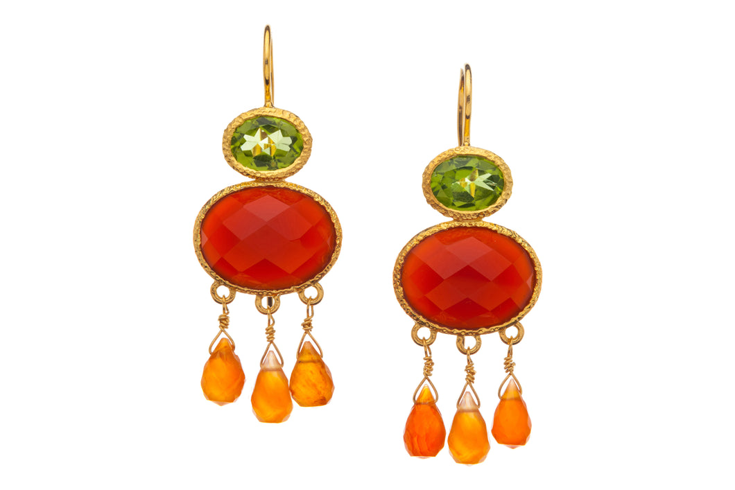 Peridot and Carnelian Gemstone Drop Earrings in 24kt gold vermeil E313-P-C