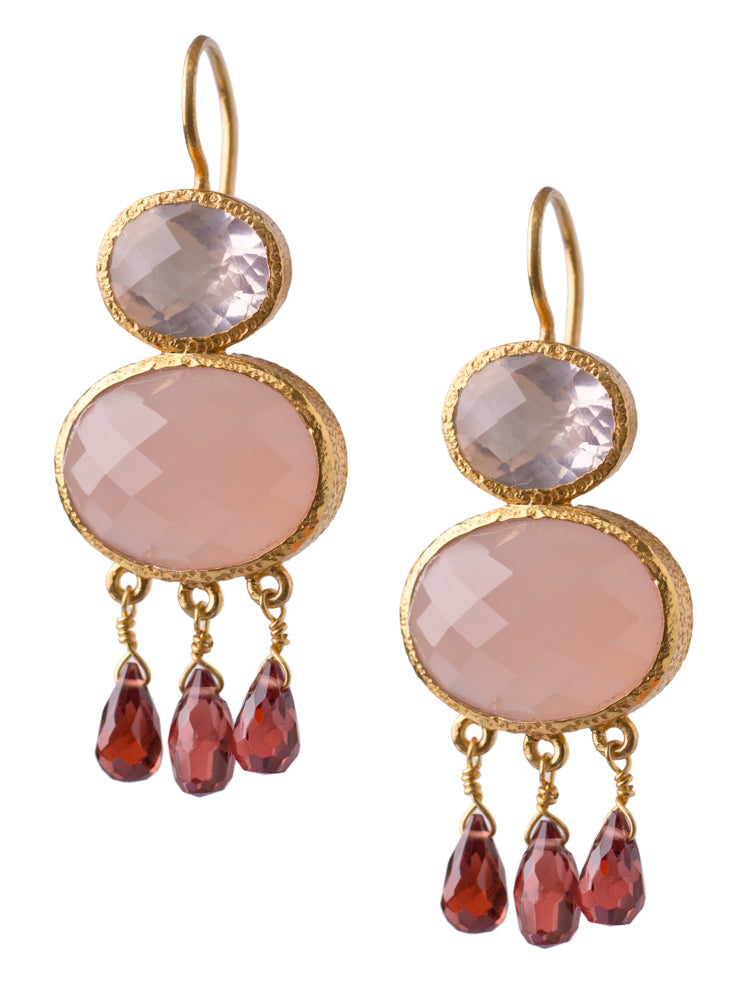 Pink Rose Quartz and Pink Chalcedony and Garnet Drop Earrings in 24kt gold vermeil E313-RQ