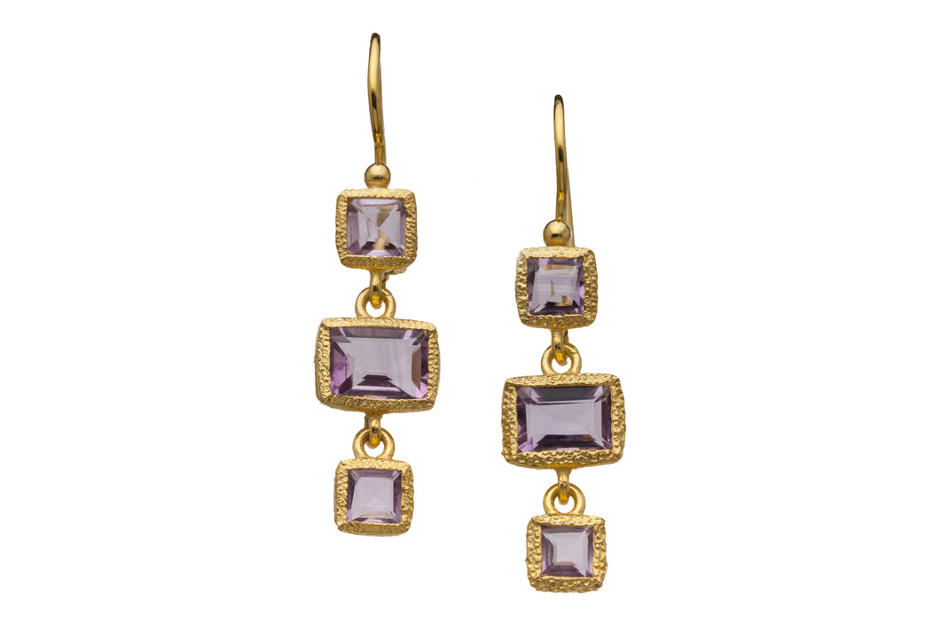 Rose Amethyst Three-Gemstone Drop Earrings in 24kt gold vermeil E316-RA