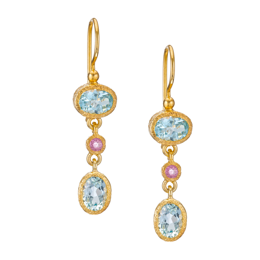 Blue Topaz and Pink Sapphire Drop Earrings in 24kt gold vermeil E317-BS