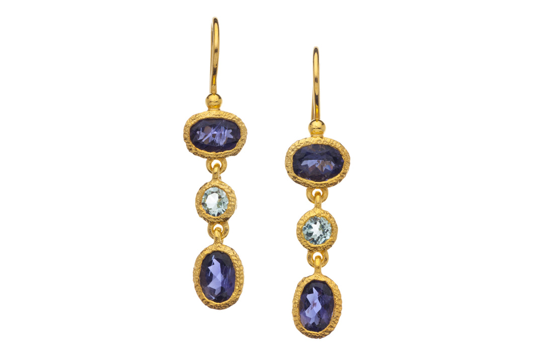 Iolite and Blue Topaz Gemstone Drop Earrings in 24kt gold vermeil E317-1