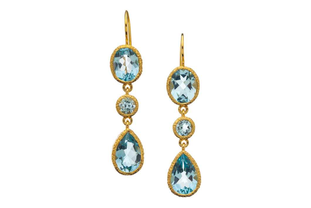 Blue Topaz Three Gemstone Drop Earrings in 24kt gold vermeil E318-BT