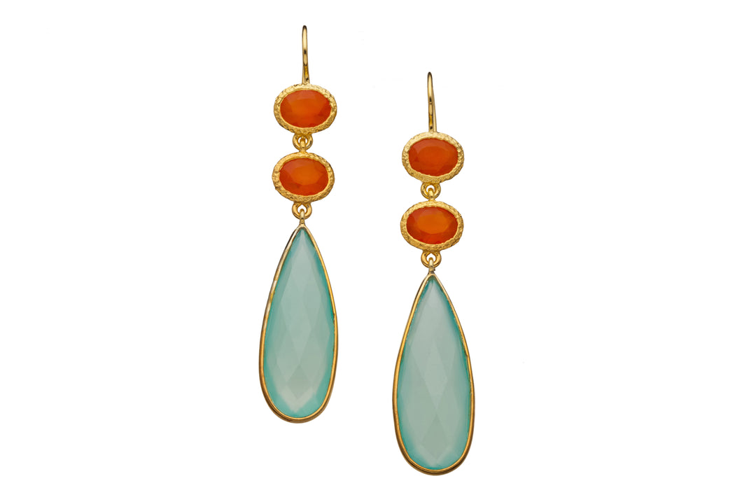 Carnelian and Chalcedony Gemstone Long Drop Earrings in 24kt gold vermeil E320-CC
