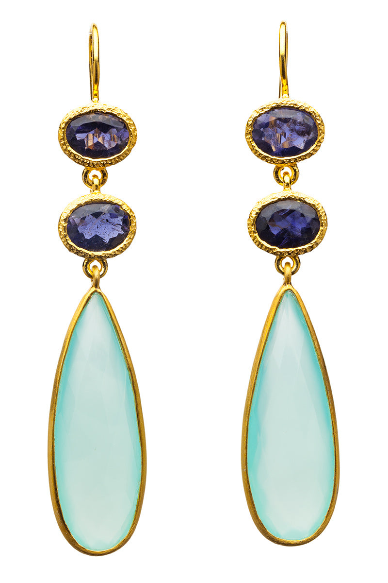 Iolite and Chalcedony Drop Earrings in 24kt gold vermeil E320-I-C
