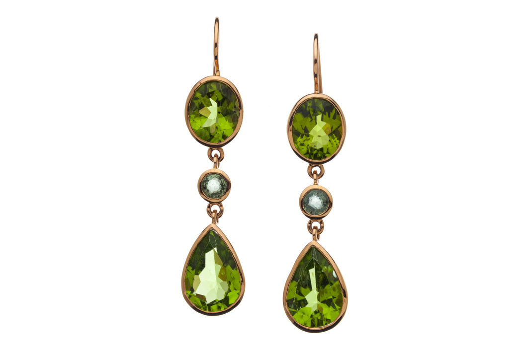 Handmade Peridot and Green Sapphire Earrings in genuine 14kt Rose Gold GDE530