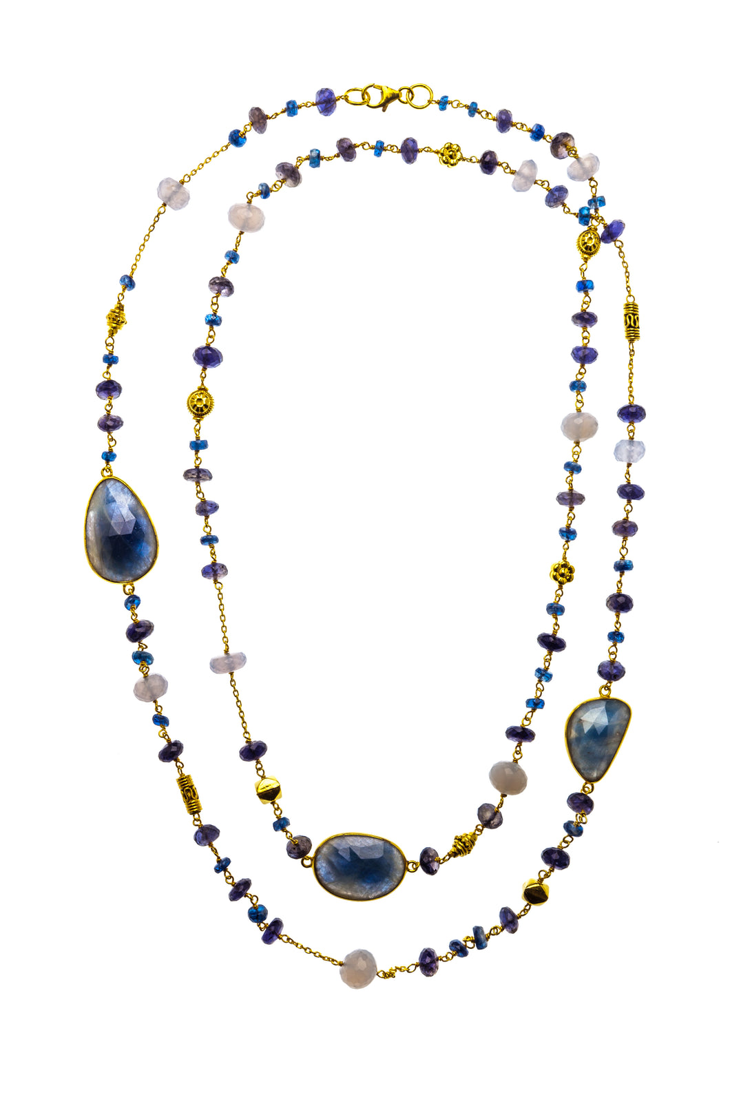 40-inch Gemstone Necklace with Brilliant Blue Sapphire Slices in 24kt gold vermeil N004-K