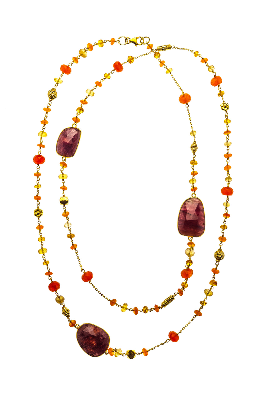 40-inch Gemstone Necklace with Brilliant Red Sapphire Slices in 24kt gold vermeil N004-Car