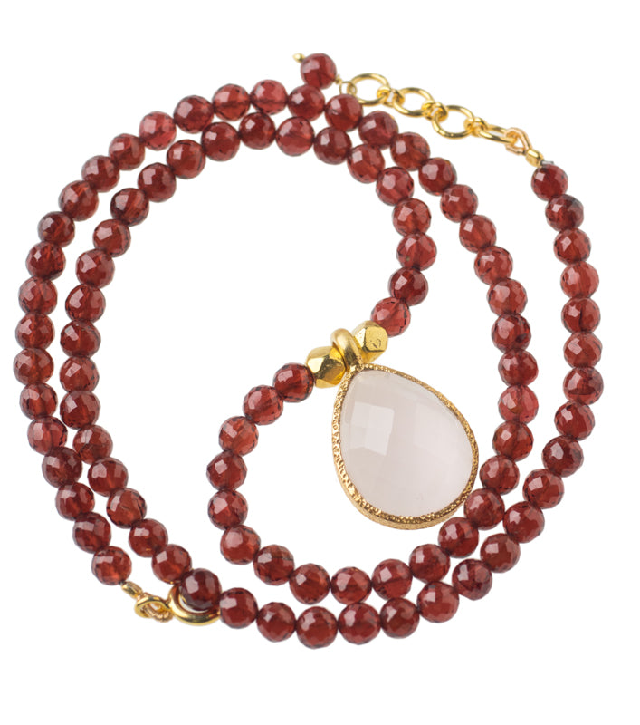Red Garnet Gemstone Necklace with Rose Quartz Pendant in 24kt gold vermeil NF002-GRQ