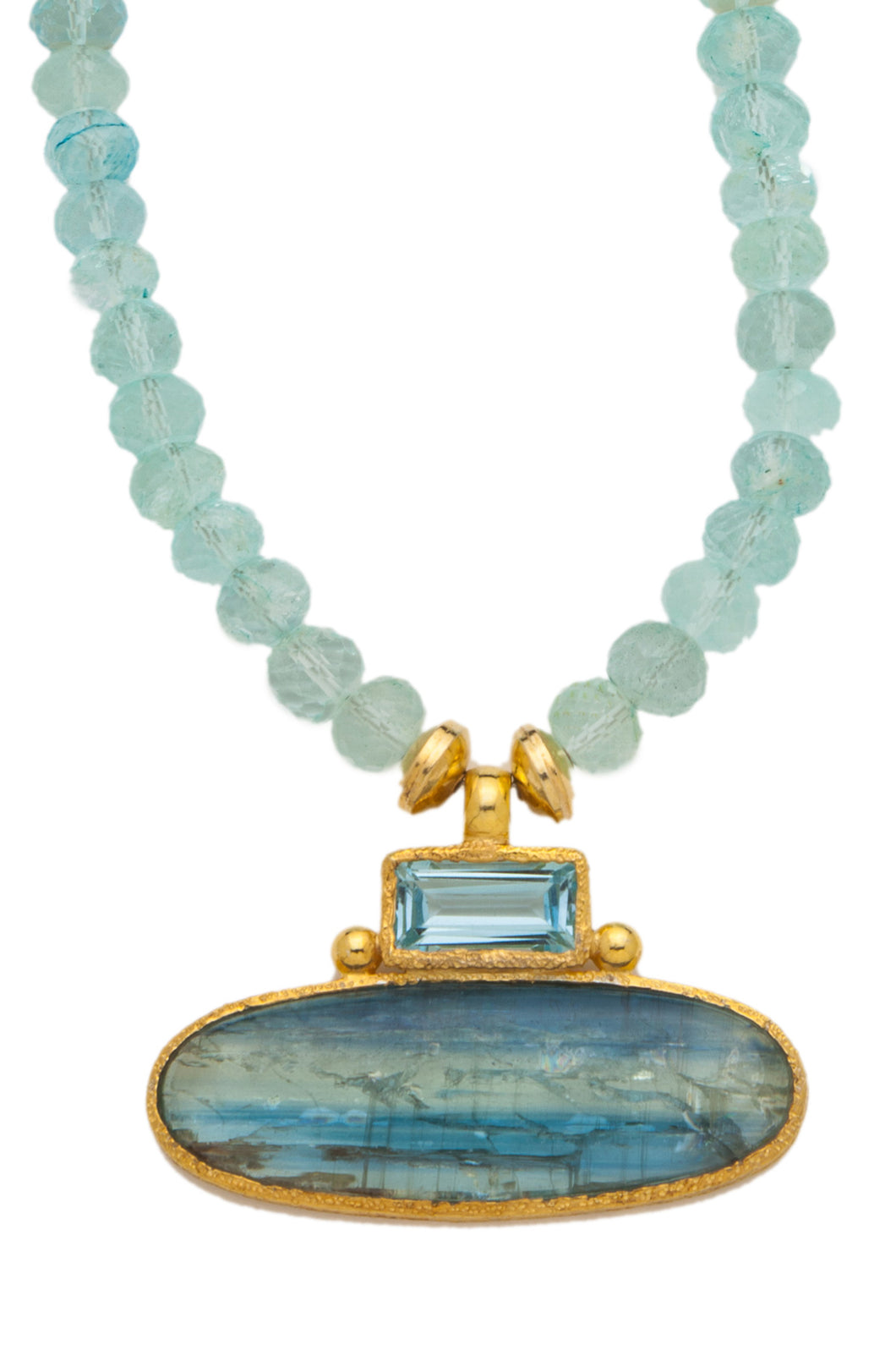 ONE OF A KIND Aqua Marine Necklace with Blue Topaz and Kyanite Pendant set in 24kt gold vermeil NF277-AM-BT