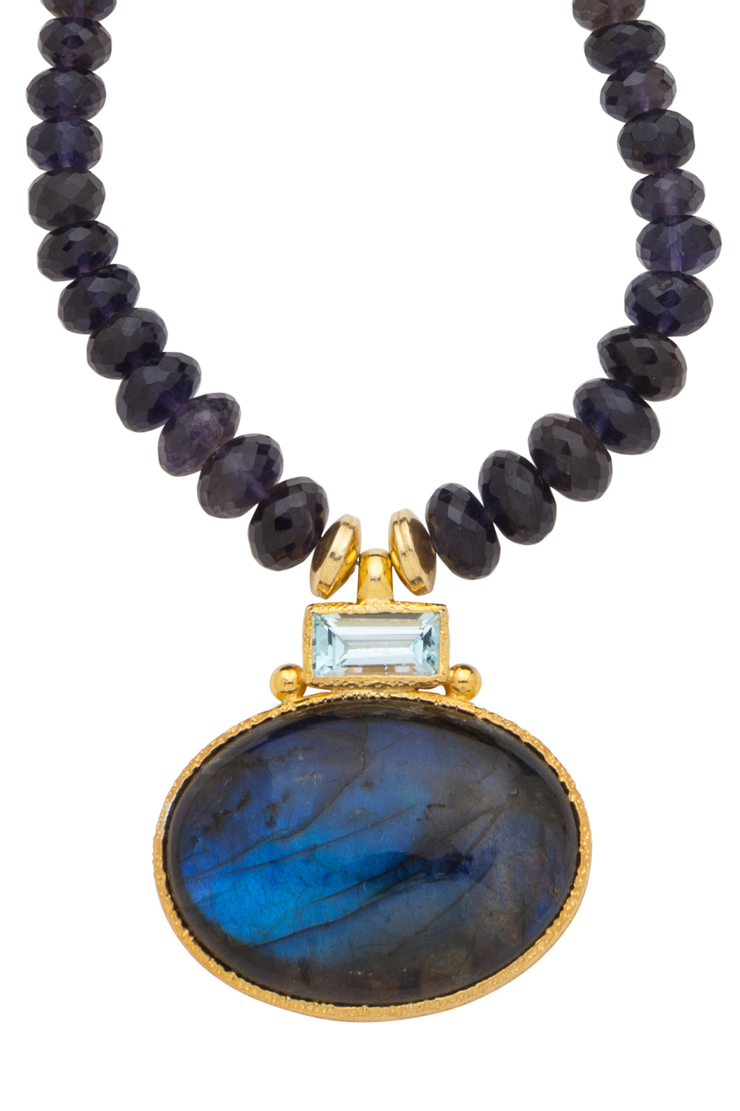 ONE OF A KIND Iolite Necklace with Blue Topaz and Labradorite Pendant set in 24kt gold vermeil  NF281-IBTL