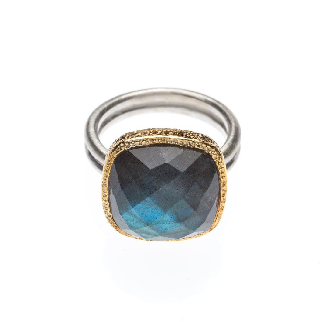 Faceted Labradorite Ring set in hammered 24kt gold vermeil, with a sterling silver ring.  R408-L
