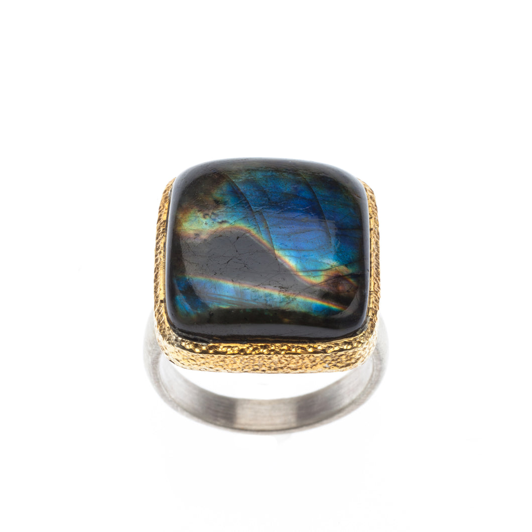 Rounded-Square Labradorite Ring set in hammered 24kt gold vermeil, with a sterling silver ringR414-Lab