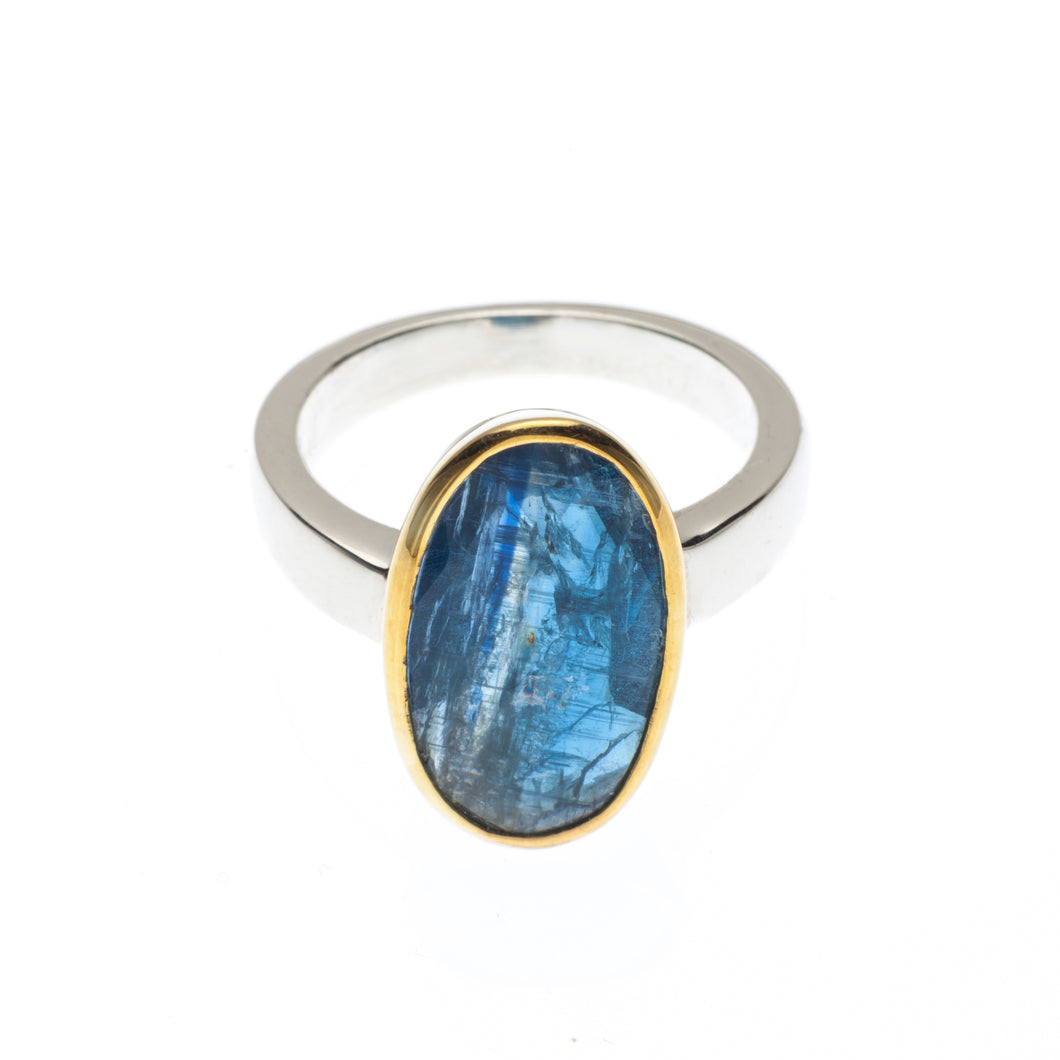 One of a kind Blue Kyanite Oval Ring set in smooth 24kt gold vermeil with a sterling silver ring band -R417-K