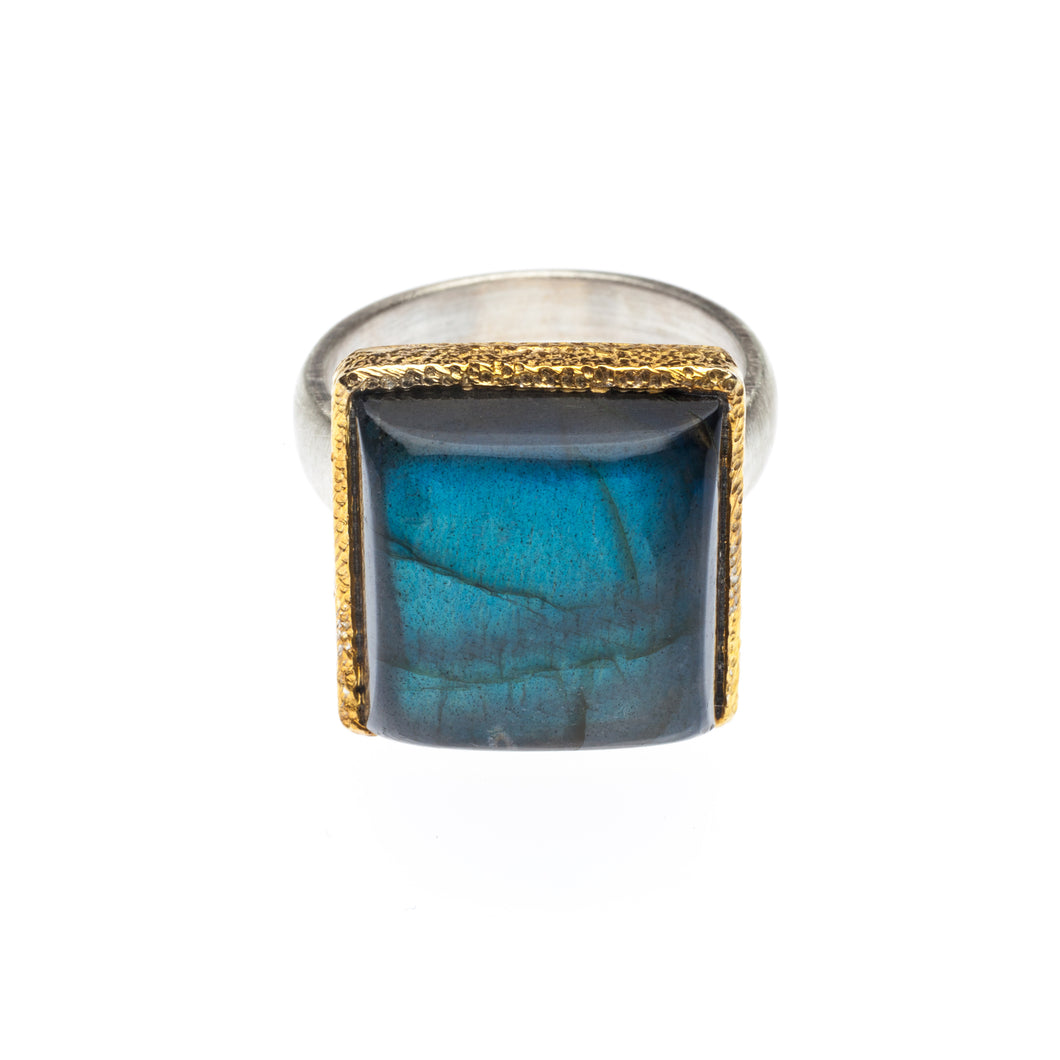 Square Labradorite Ring set in hammered 24kt gold vermeil, with a sterling silver ring R417-L