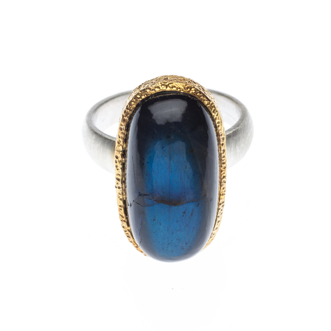 One of a kind oblong oval Labradorite Ring set in hammered 24kt gold vermeil, with a sterling silver ring R417-Lab-O